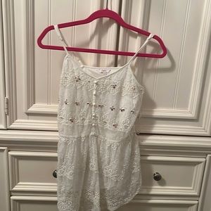 Spaghetti strap white lace tunic with pink gem decals